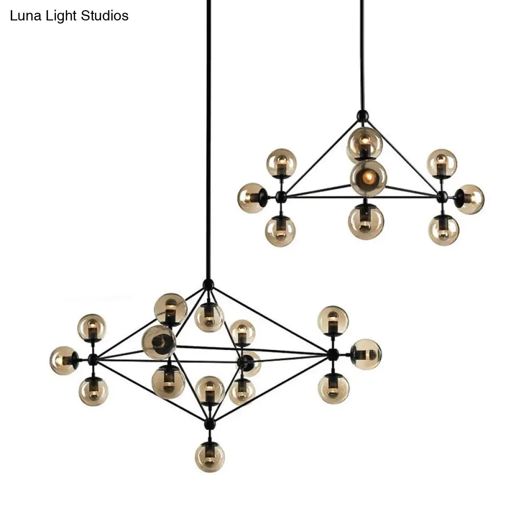 Black Pyramid Frame Chandelier - Loft Style Metal Pendant Light with Tan Glass Shade (10/15-Light) for Living Room