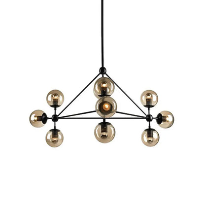 Black Pyramid Frame Chandelier - Loft Style Metal Pendant Light with Tan Glass Shade (10/15-Light) for Living Room