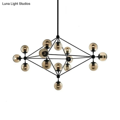 Black Pyramid Frame Chandelier - Loft Style Metal Pendant Light with Tan Glass Shade (10/15-Light) for Living Room