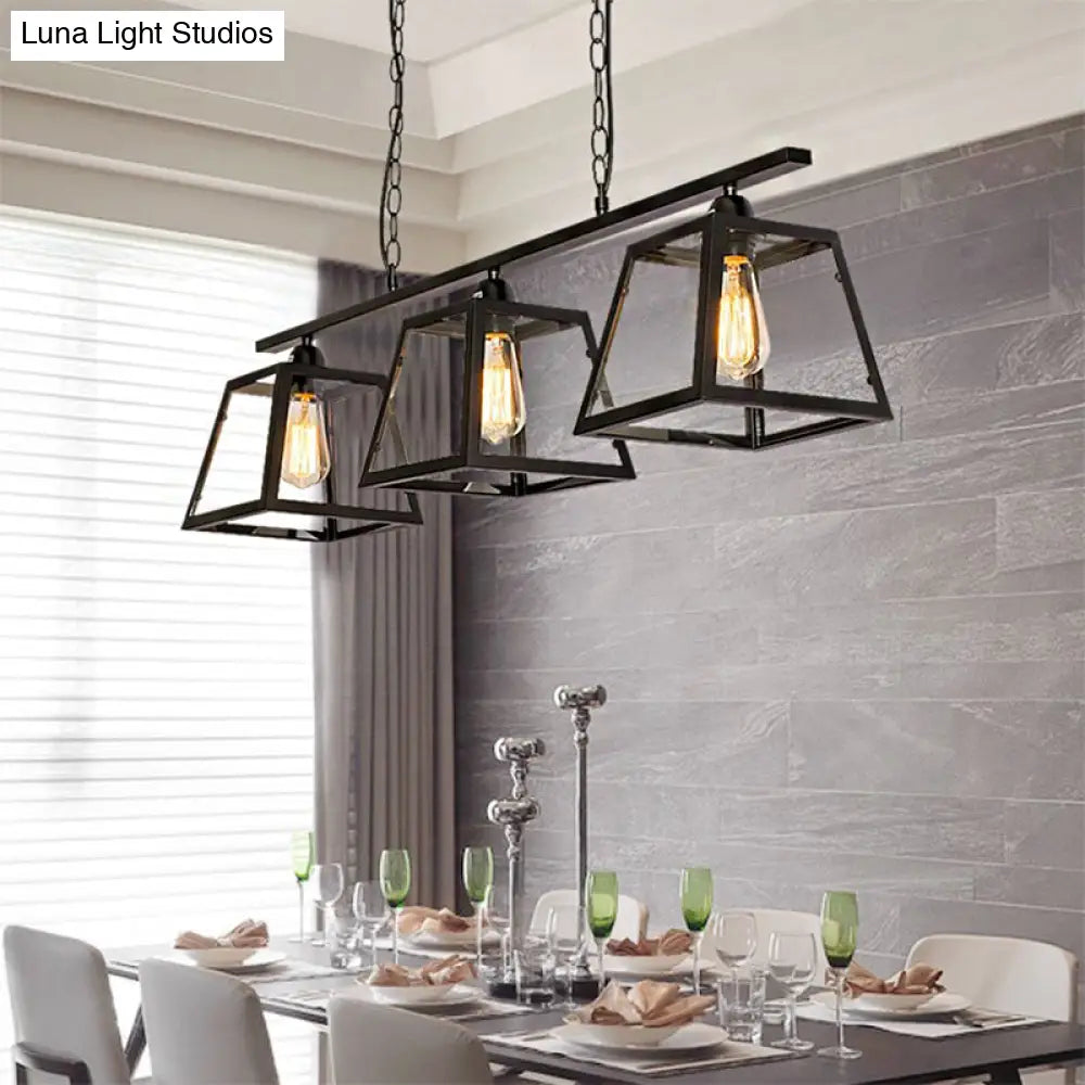 Lámpara de isla DecorBites™ Black Pyramid: Lámpara colgante industrial de metal con 3 bombillas y panel de vidrio - Accesorio de cocina