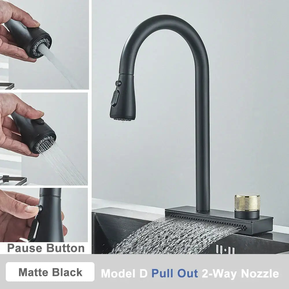 Matte black and gold pull out rainwater kitchen faucet with two way nozzle by decorbites black rainwater kitchen model
