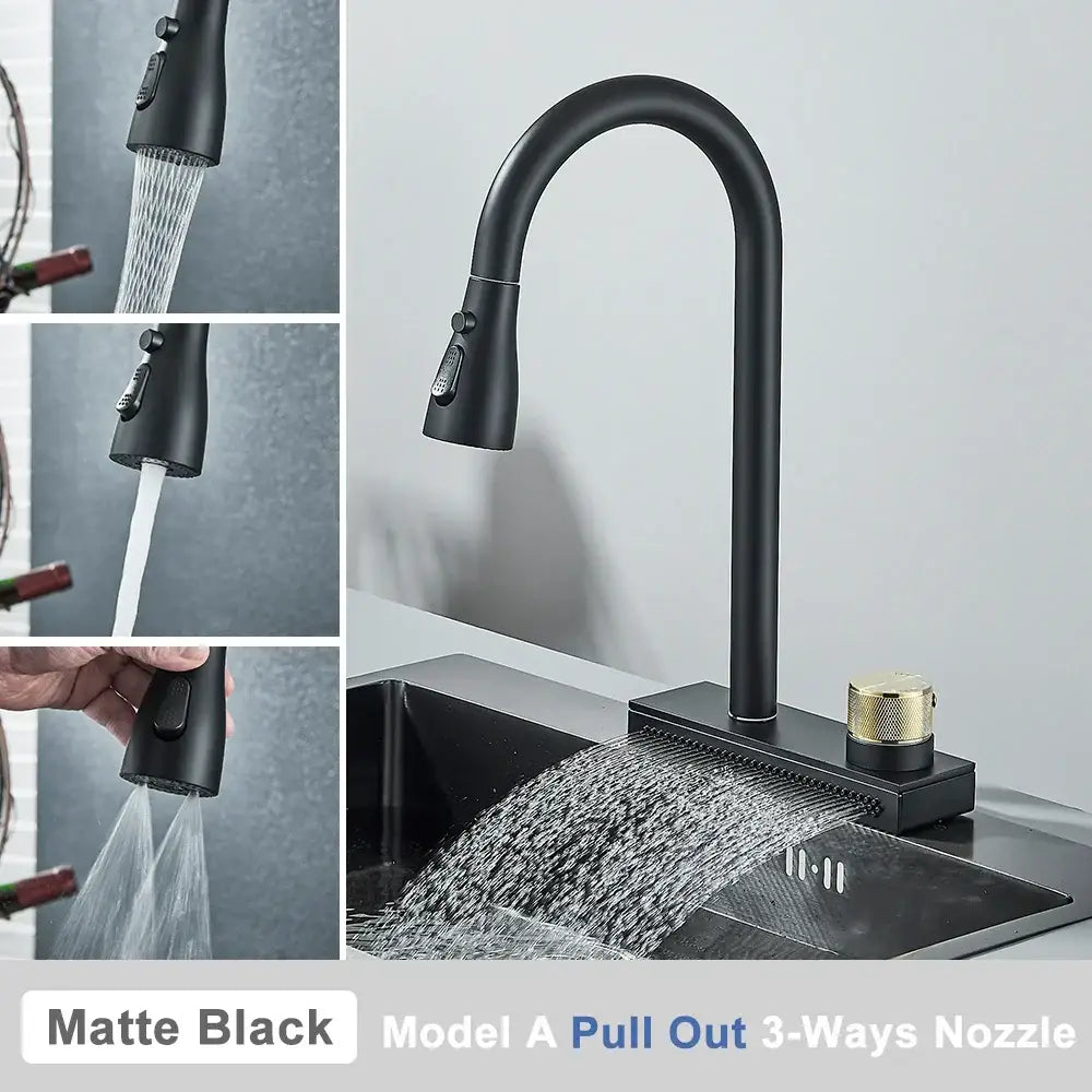 Matte black decorbites black rainwater kitchen faucet with pull-out spout and gold-toned knob for modern kitchens