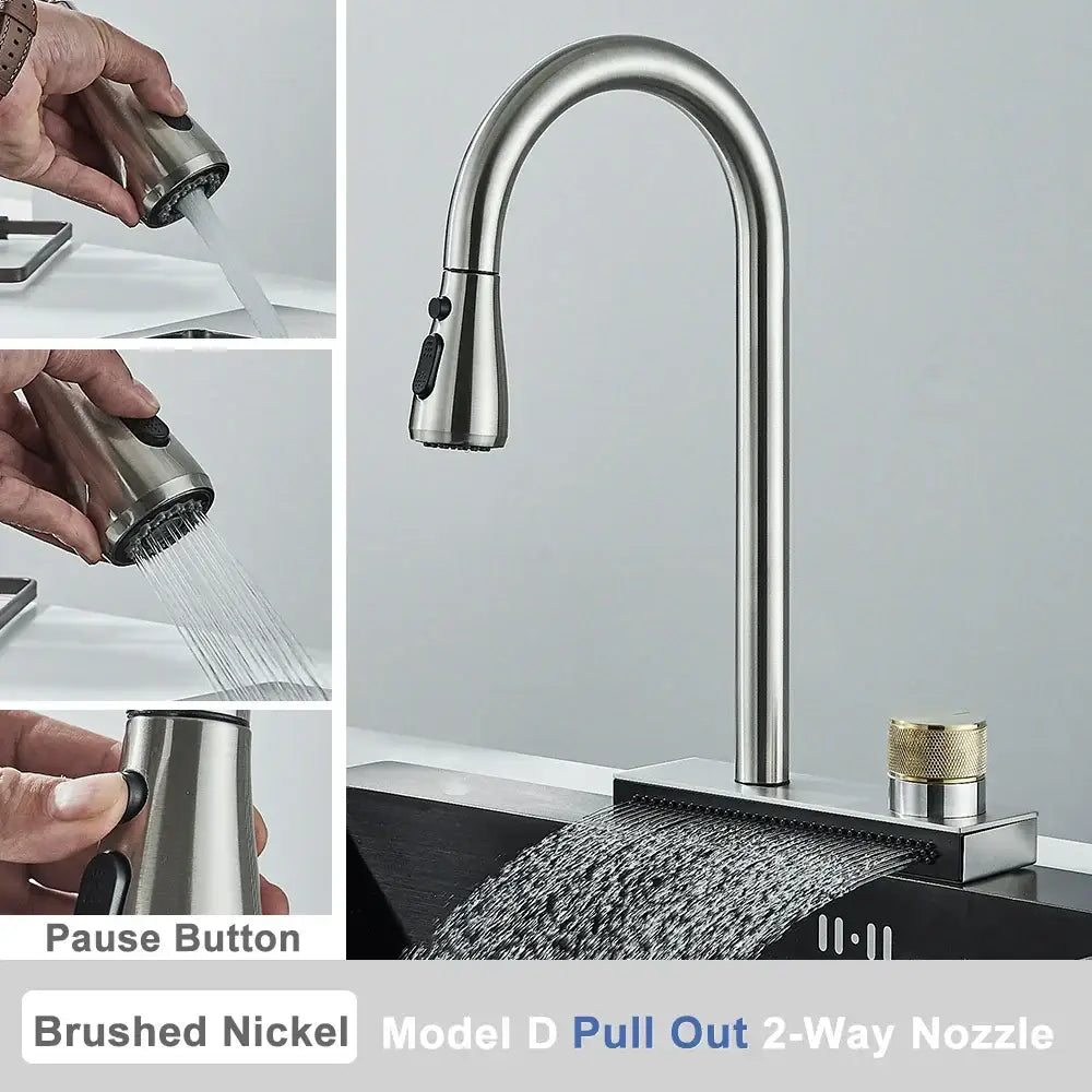 Brushed nickel rainwater kitchen faucet with pull-out spray head and gold-accented control knob by decorbites black rainwater