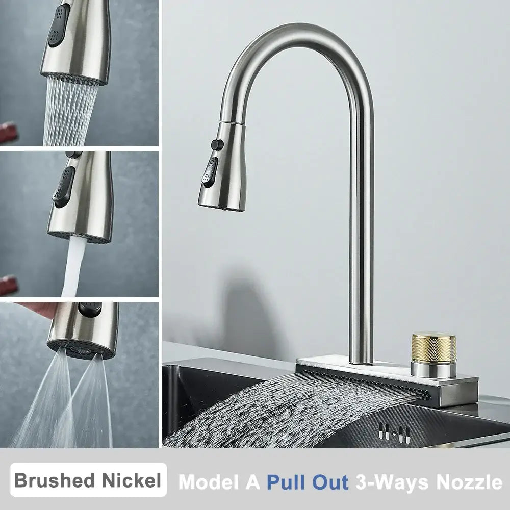 Brushed nickel pull-out kitchen faucet with arched spout and 3-way spray nozzle for decorbites black rainwater kitchen