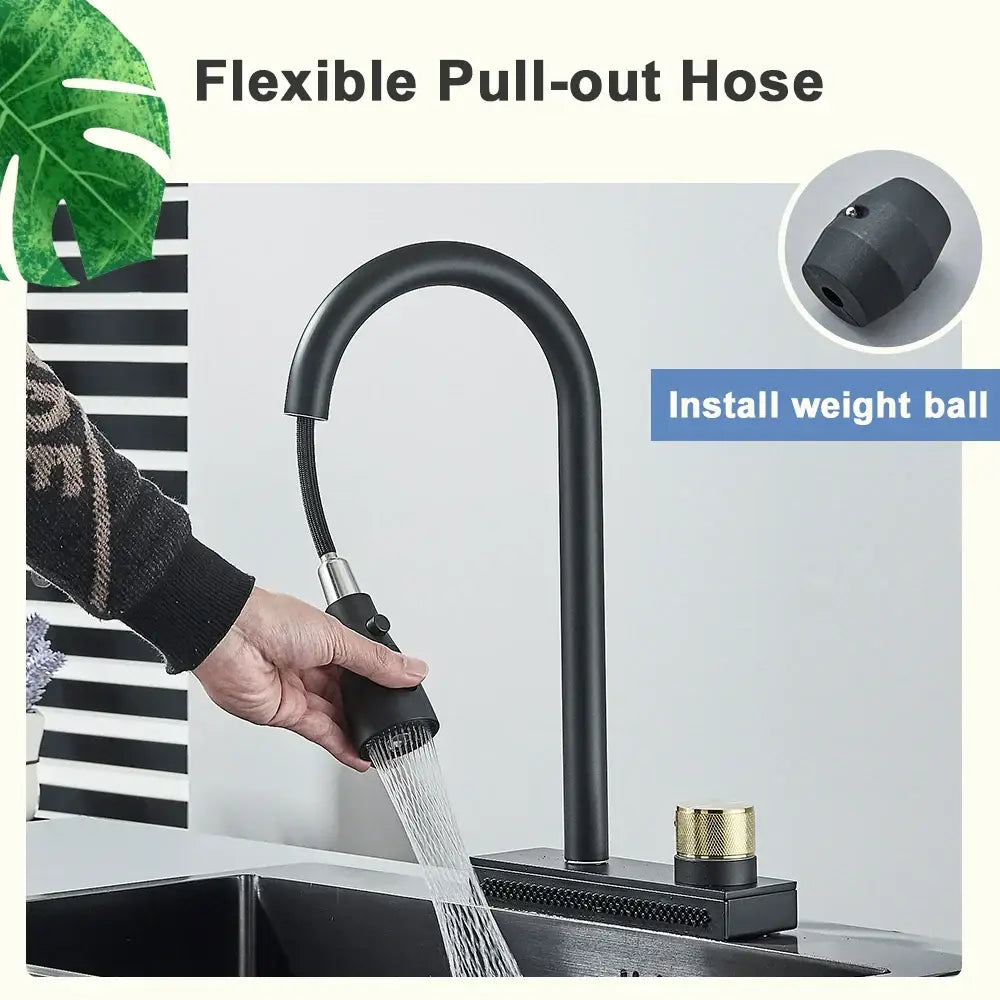 Black rainwater kitchen faucet with matte black pull-out tap and gold-toned accent by decorbites black rainwater