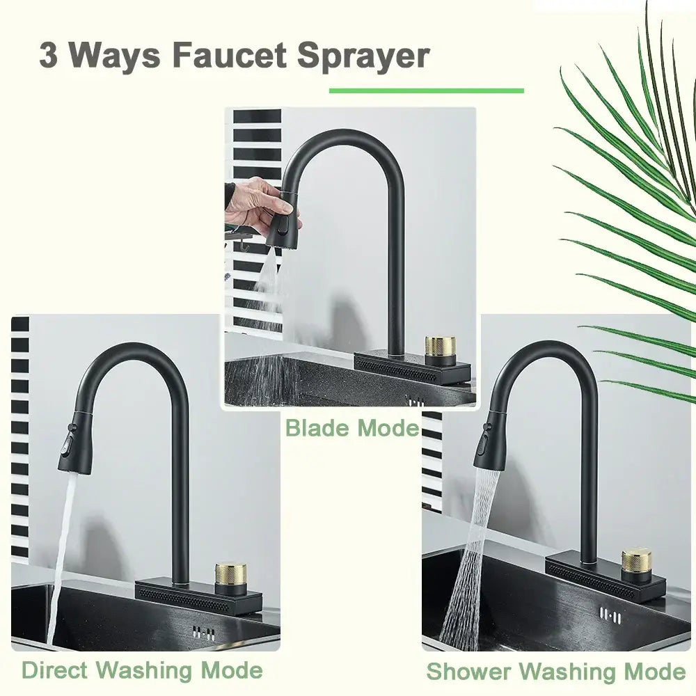 Black rainwater kitchen faucet matte black sprayer with gold-toned accents and sleek curved design by decorbites black rainwater