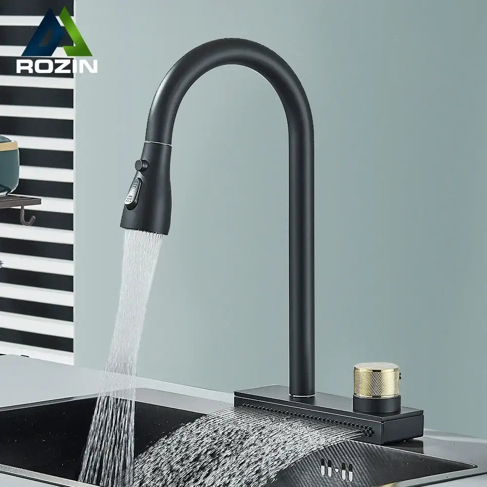Black rainwater kitchen faucet matte black with gold textured knob and sleek arched spout by decorbites black rainwater