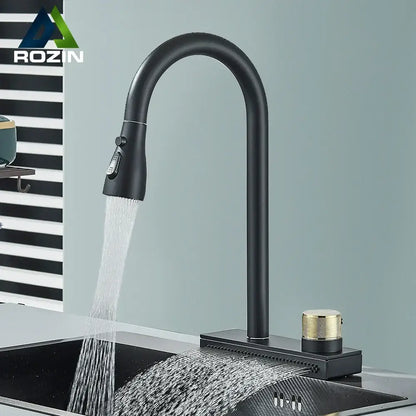 Black rainwater kitchen faucet matte black with gold textured knob and sleek arched spout by decorbites black rainwater
