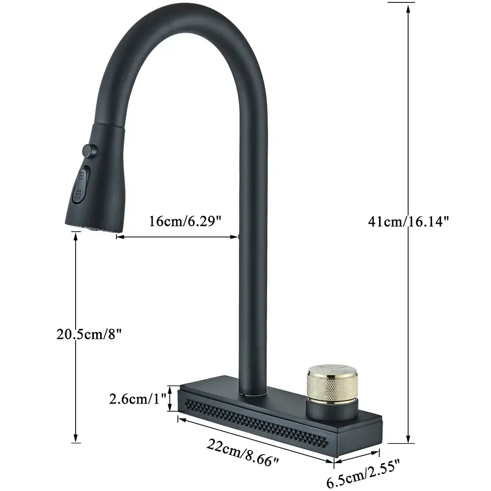 Black rainwater kitchen faucet with matte black finish curved spout and gold-toned knob decorbites black rainwater tap