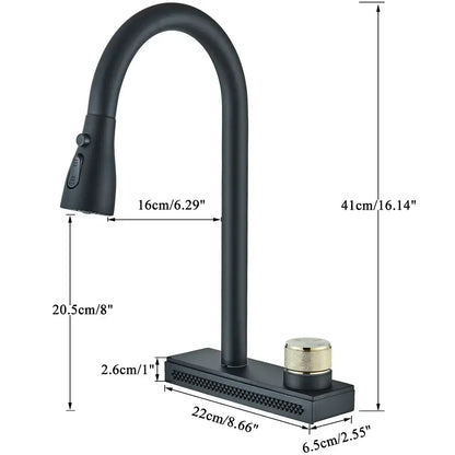 Black rainwater kitchen faucet with matte black finish curved spout and gold-toned knob decorbites black rainwater tap