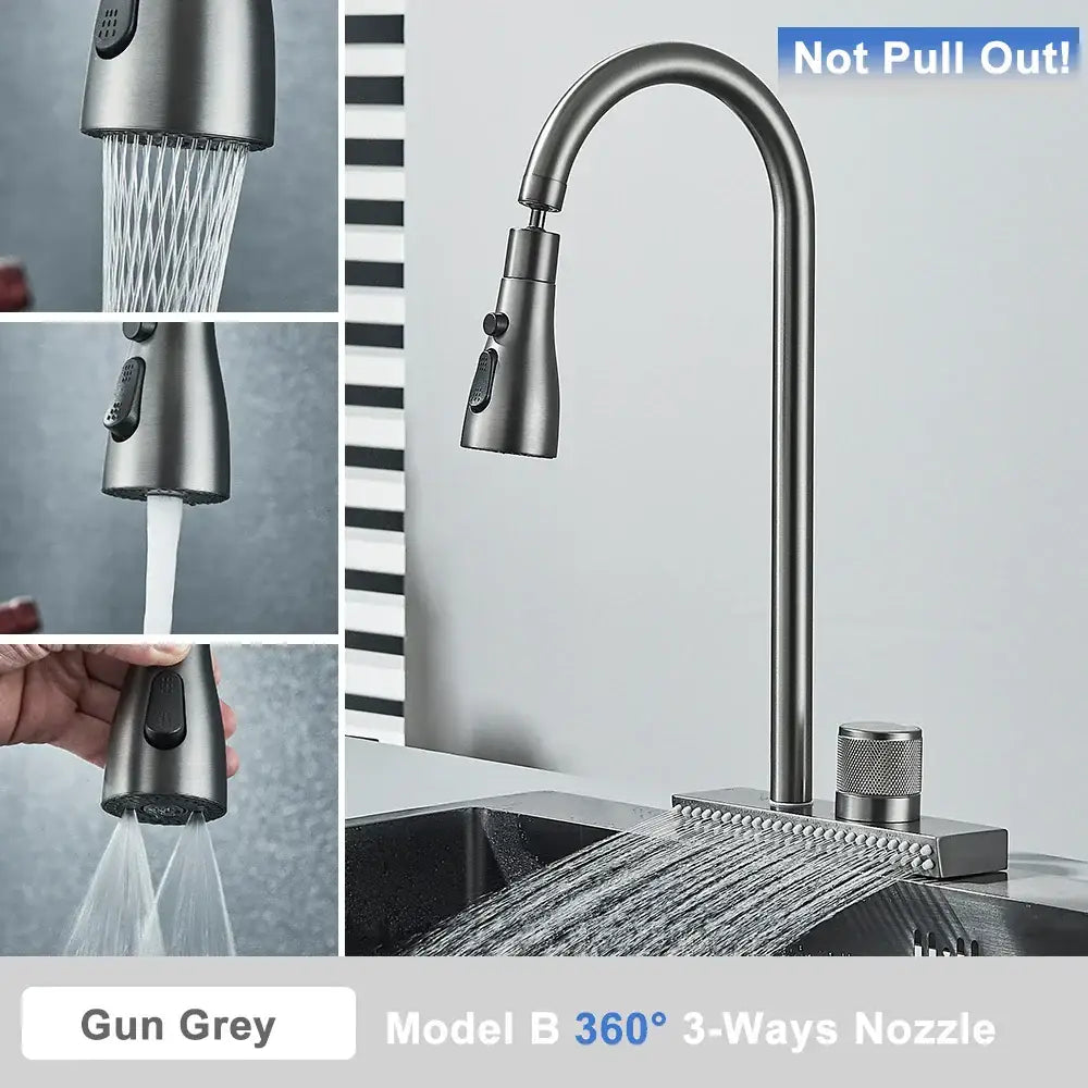 Gun grey stainless steel decorbites black rainwater kitchen faucet with sleek curved spout and 360-degree swivel nozzle