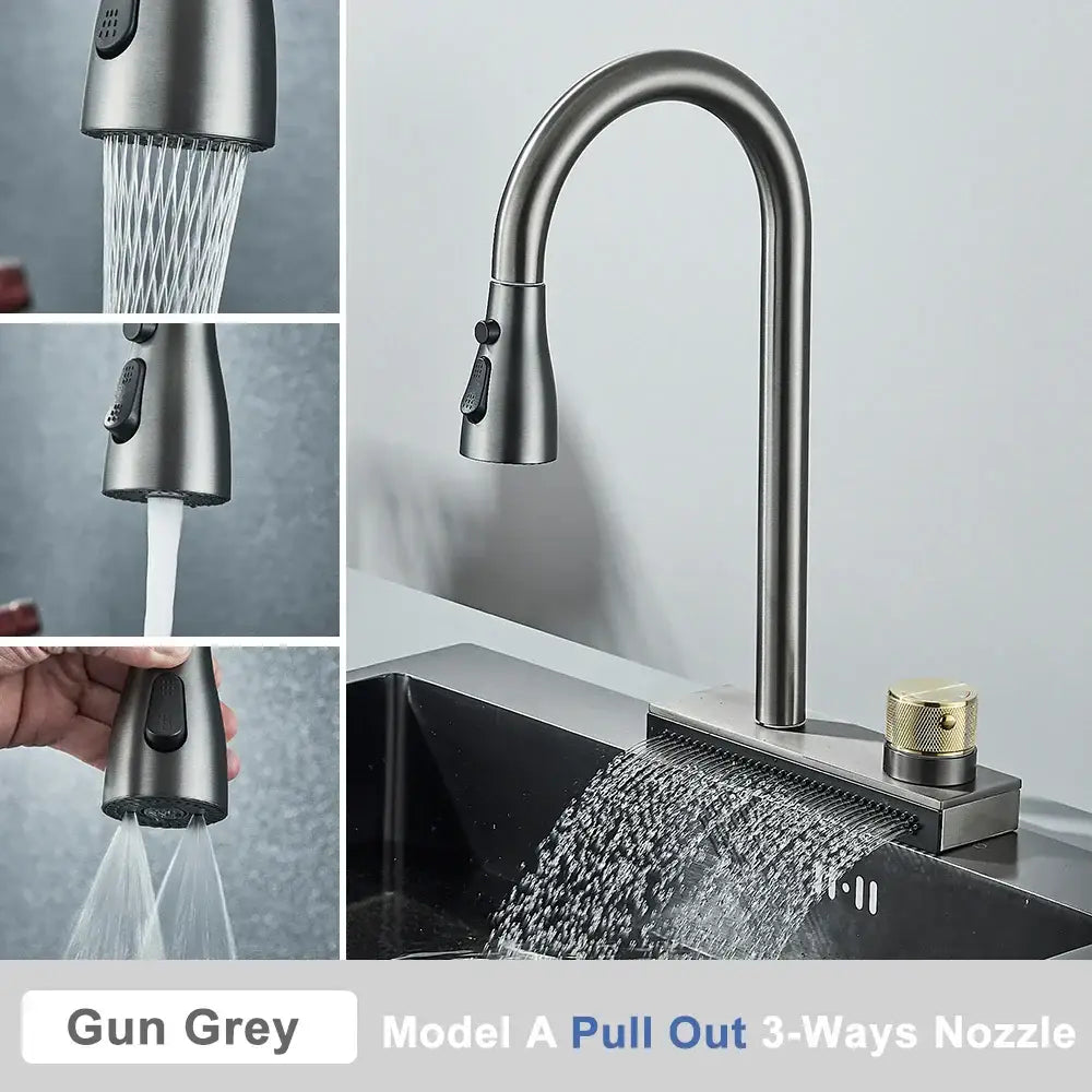 Gun grey pull-out rainwater kitchen faucet with 3-way nozzle and gold control knob from decorbites black rainwater series