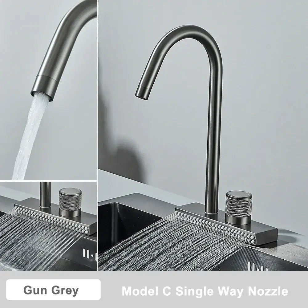 Gun grey metallic decorbites black rainwater kitchen faucet with sleek curved spout and textured control knobs