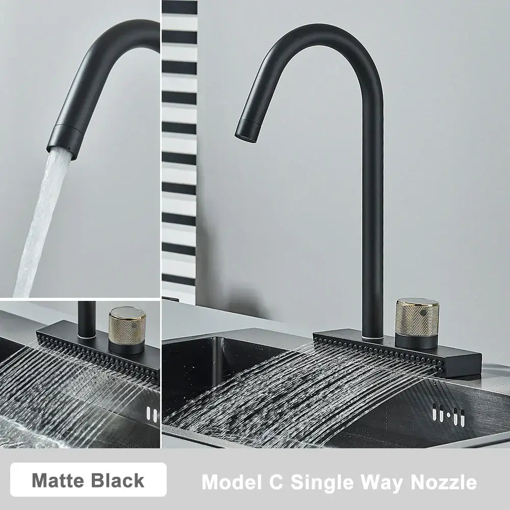 Matte black rainwater kitchen faucet with sleek curved spout and textured gold handles by decorbites black rainwater