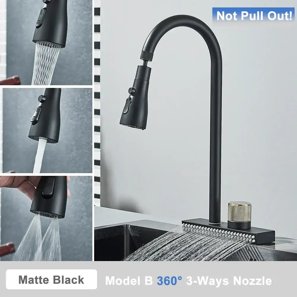 Matte black decorbites black rainwater kitchen faucet with sleek curved spout and 360-degree rotating pull-out nozzle