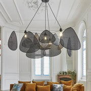 Black rattan ceiling chandelier with irregular teardrop-shaped black mesh shades suspended by thin cords for dining room decorbites black rattan