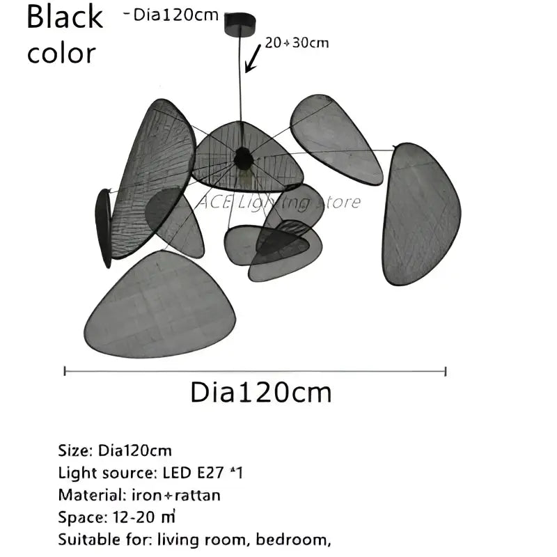 Black rattan ceiling chandelier with black iron and rattan discs features a modern, organic decorbites black rattan design