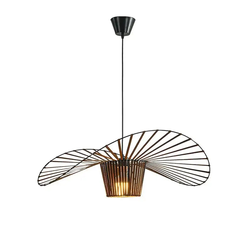 Black metal pendant led chandelier with fan-like openwork and warm wooden slats by decorbites black rattan hat design