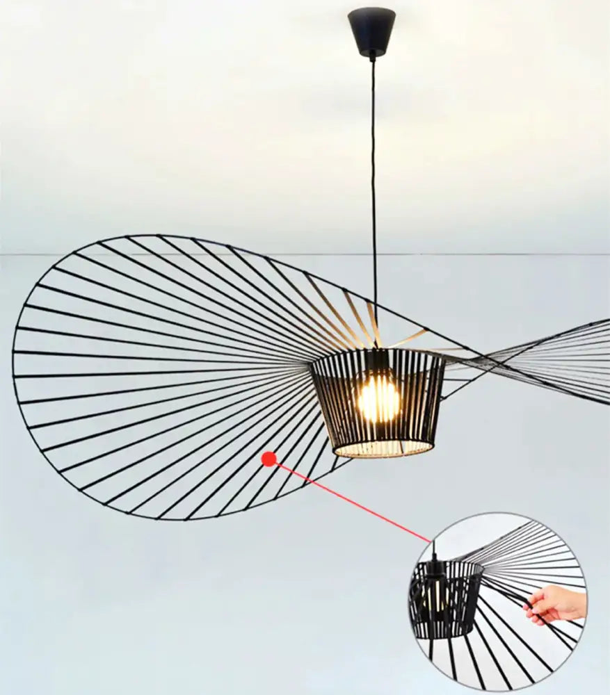 Black rattan hat led chandelier with black metal fan design and illuminated central lampshade for dining room decorbites black rattan