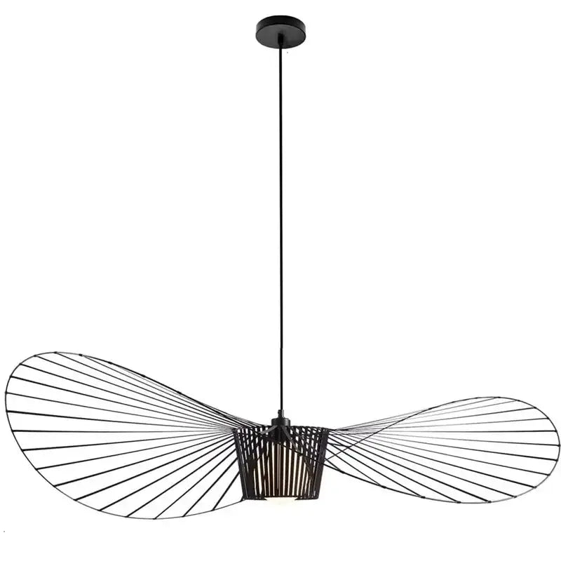 Black metal pendant led chandelier with modern wing-like wire arms and central shade for decorbites black rattan hat