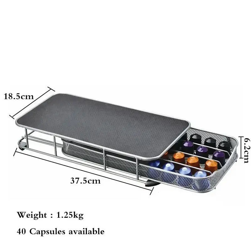 Silver metal coffee capsule organizer stand with black textured top and mesh sides holds 40 decorbites coffee capsules