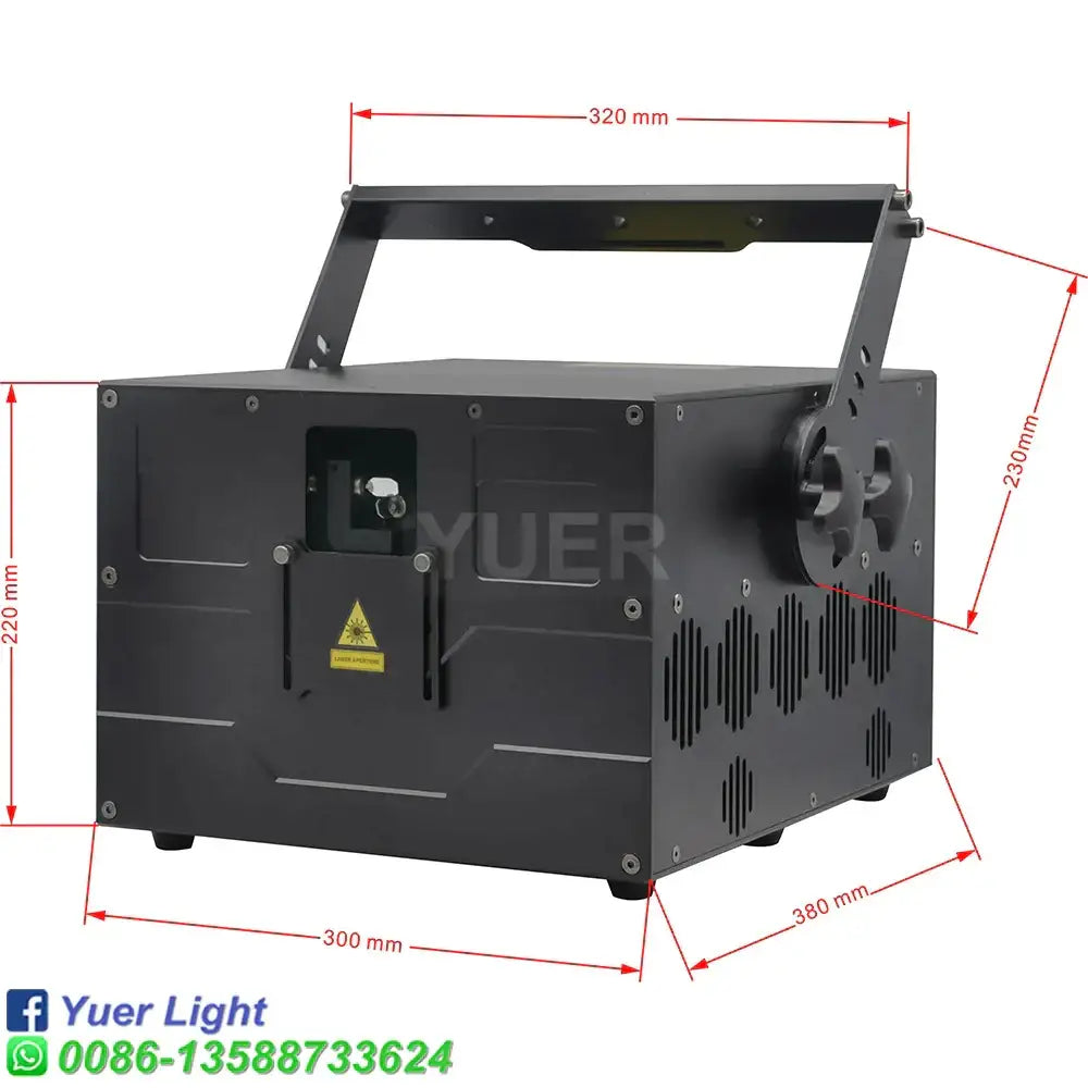 Black rectangular rgb color laser light party room projector with handle ventilation and decorbites 20w rgb dimensions