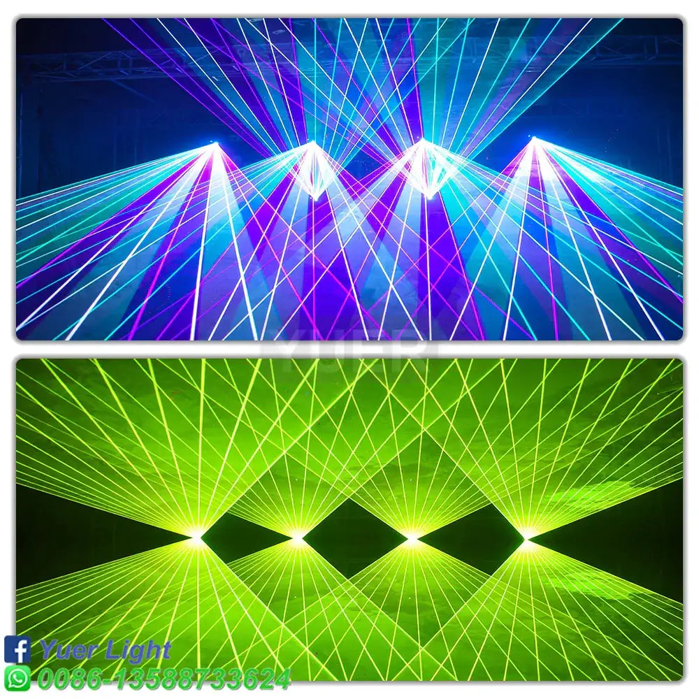 Black rectangular decorbites 20w rgb color laser light projector with vibrant purple blue white beams and green grid patterns