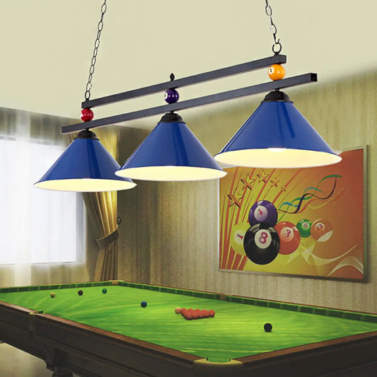 DecorBites™ Black/Red Industrial Cone Shade Ceiling Pendant with 3 Metal Heads and Billiard Ball Deco
