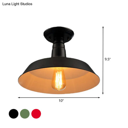 Lámpara de techo semiempotrada DecorBites™ de estilo industrial en negro y rojo para pasillo - Pantalla metálica tipo granero, 10"/14" de ancho