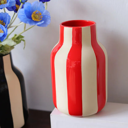 Black & Red Striped Ceramic Vase - Home Decor - Vase