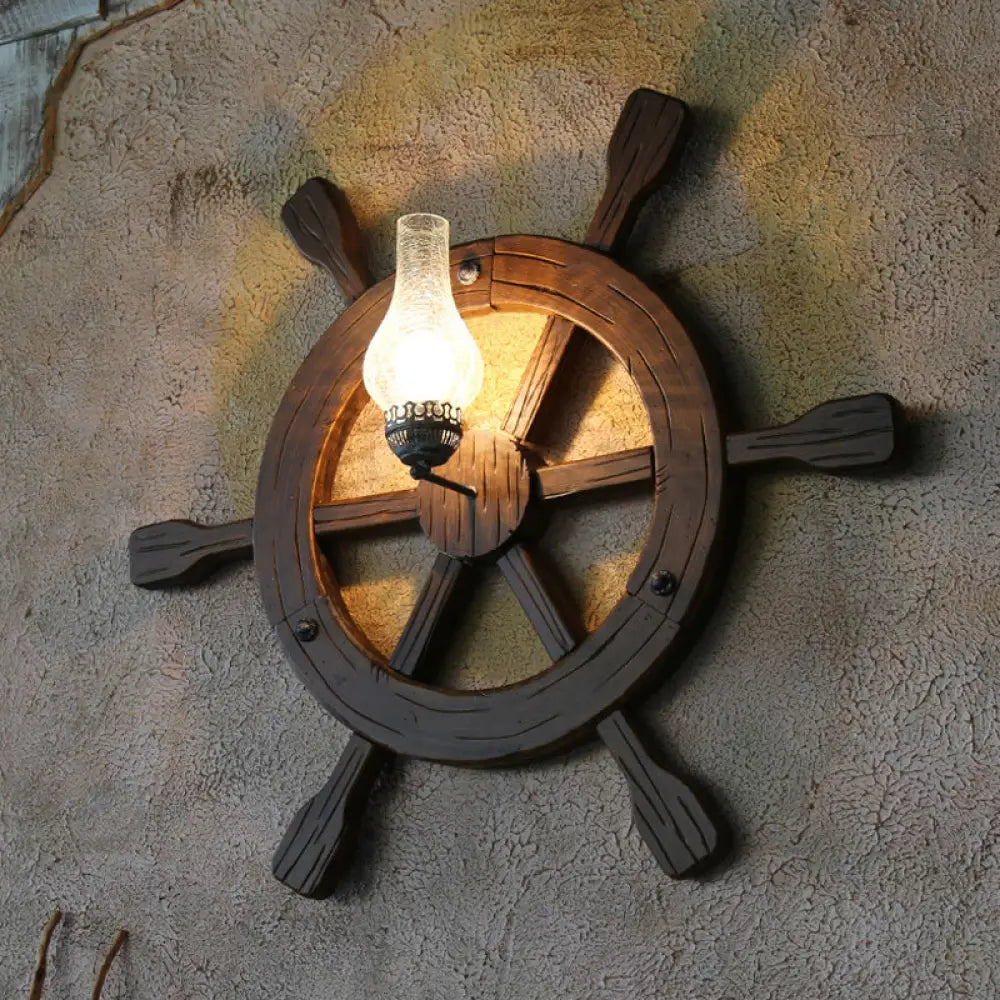 Aplique de pared con jarrón de cristal craquelado ámbar retro negro y decoración de timón de madera