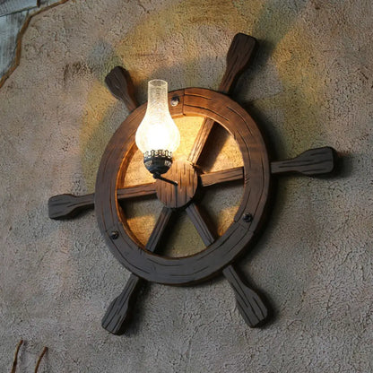 Aplique de pared con jarrón de cristal craquelado ámbar retro negro y decoración de timón de madera