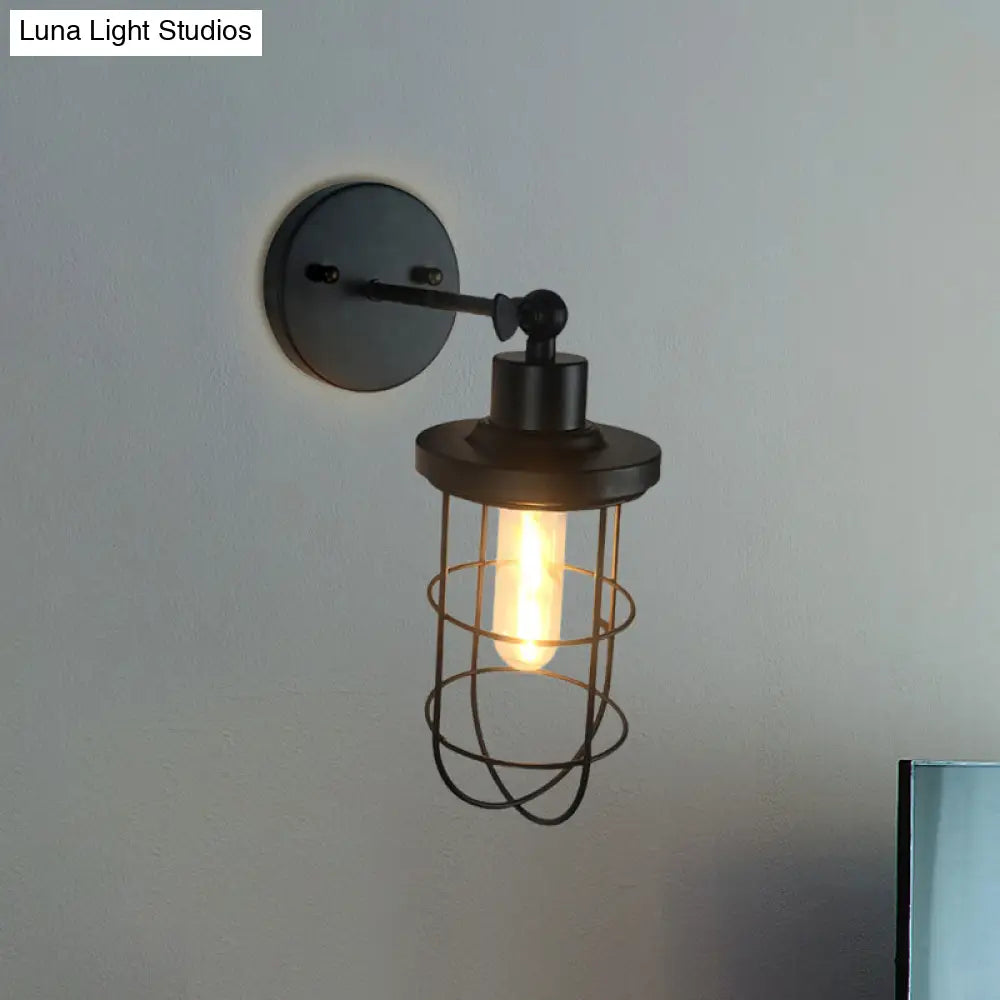 Aplique de pared cilíndrico/ovalado de estilo retro negro con jaula - Mini aplique metálico con 1 cabezal
