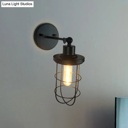 Aplique de pared cilíndrico/ovalado de estilo retro negro con jaula - Mini aplique metálico con 1 cabezal