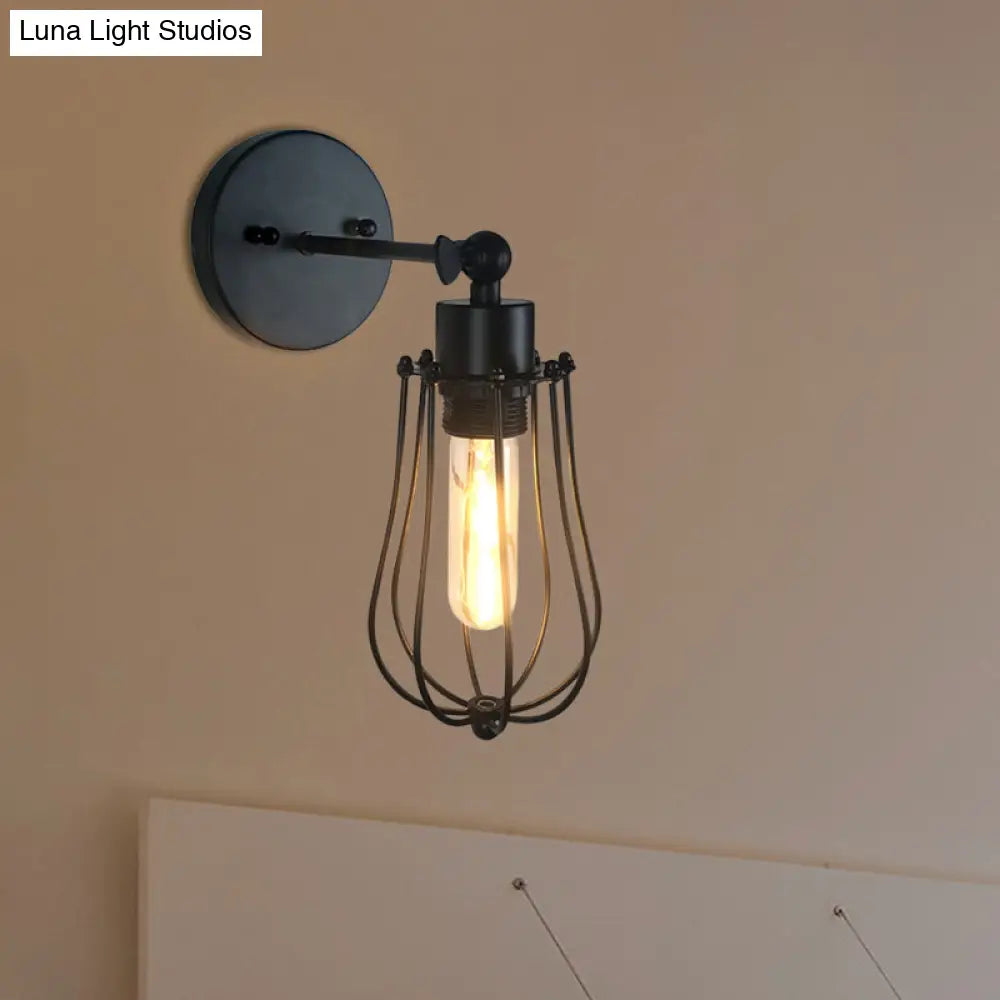 Aplique de pared cilíndrico/ovalado de estilo retro negro con jaula - Mini aplique metálico con 1 cabezal