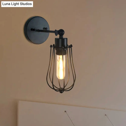 Aplique de pared cilíndrico/ovalado de estilo retro negro con jaula - Mini aplique metálico con 1 cabezal
