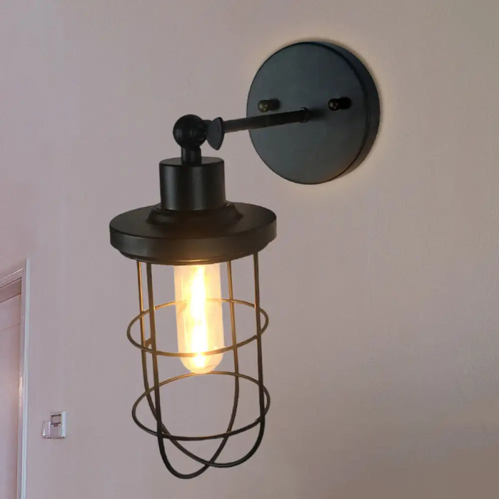 Aplique de pared cilíndrico/ovalado de estilo retro negro con jaula - Mini aplique metálico con 1 cabezal
