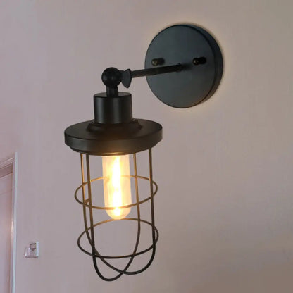 Aplique de pared cilíndrico/ovalado de estilo retro negro con jaula - Mini aplique metálico con 1 cabezal