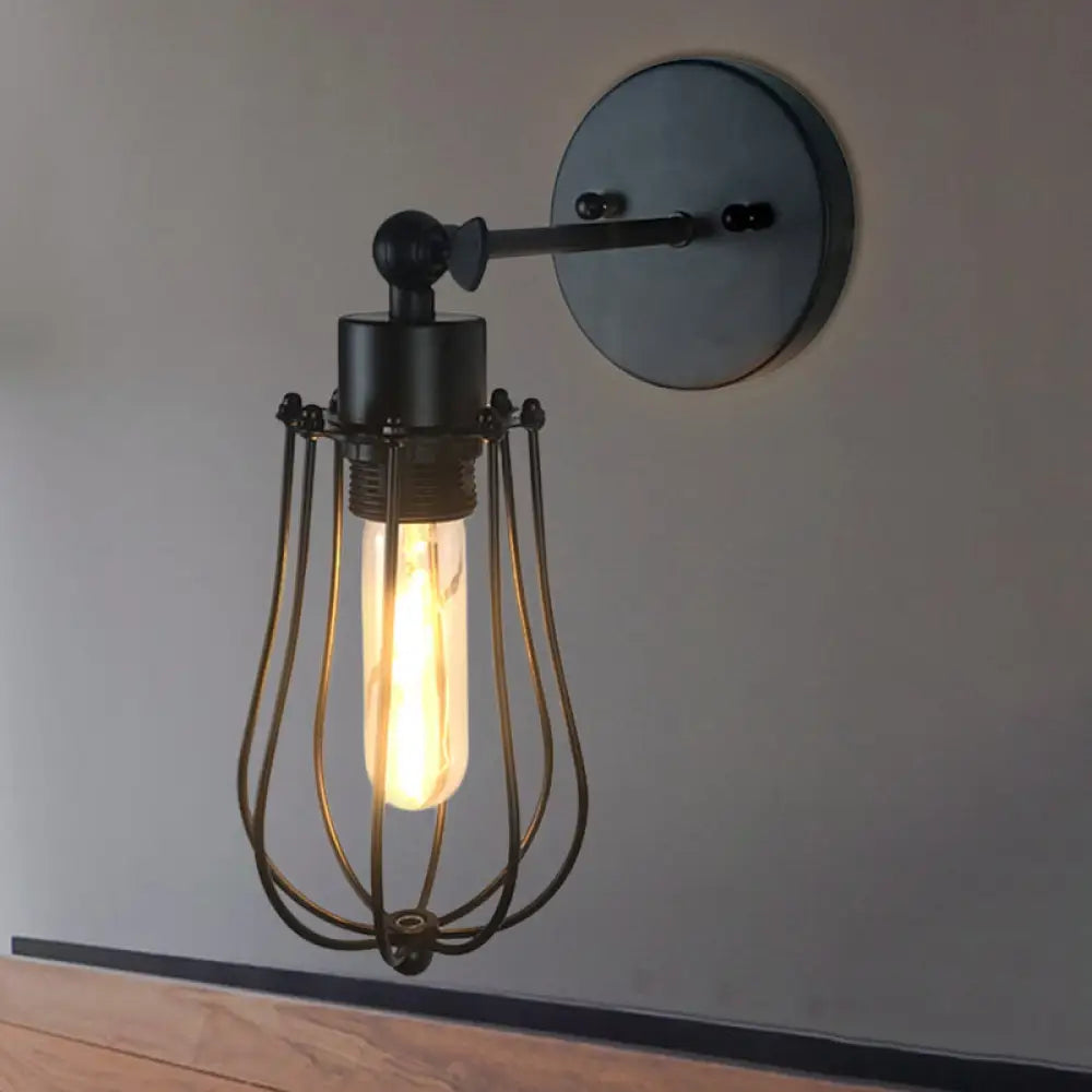 Aplique de pared cilíndrico/ovalado de estilo retro negro con jaula - Mini aplique metálico con 1 cabezal