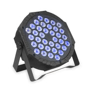 Black rgb par light with 36 bright blue leds arranged in a grid pattern for stage show and party lighting