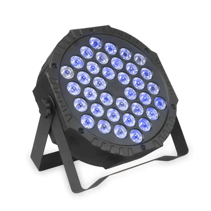 Black rgb par light with 36 bright blue leds arranged in a grid pattern for stage show and party lighting