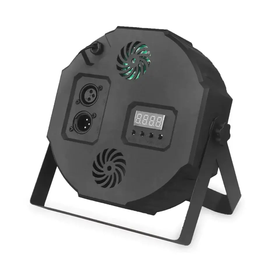 Black rgb par light with 36 led stage lighting showing back panel with digital display ventilation grilles and xlr ports