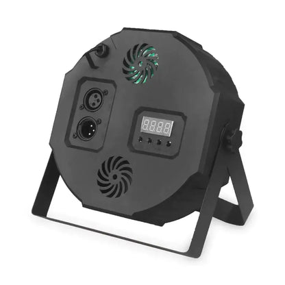 Black rgb par light with 36 led stage lighting showing back panel with digital display ventilation grilles and xlr ports