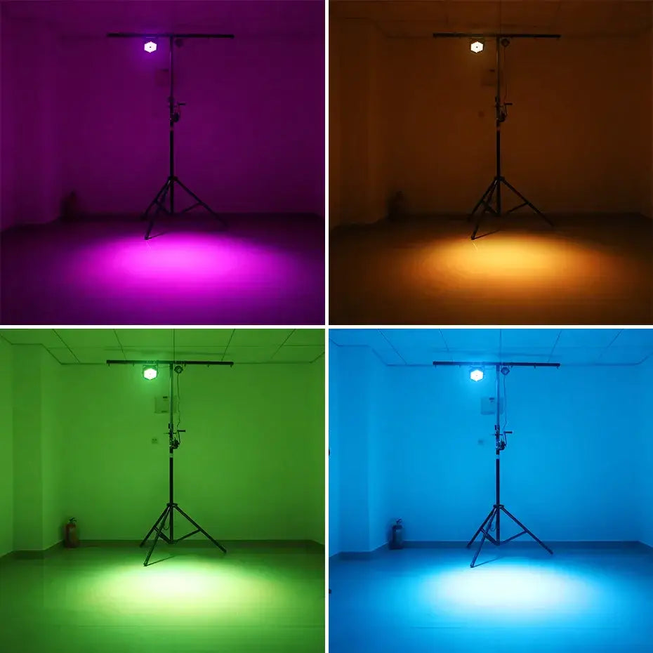 Black rgb par light with hexagonal led head emitting vibrant purple orange green and blue beams for stage use