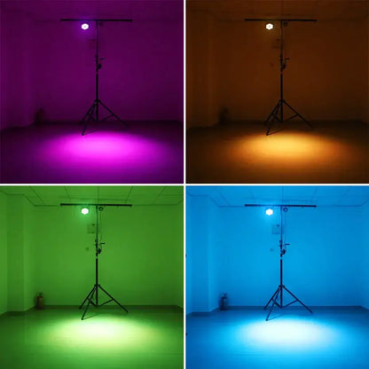 Black rgb par light with hexagonal led head emitting vibrant purple orange green and blue beams for stage use