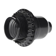 Black ridged bakelite e27 bulb holder with switch featuring a threaded base and ridged outer edge bedroom light socket