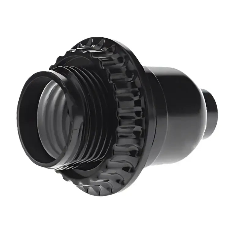 Black ridged bakelite e27 bulb holder with switch featuring a threaded base and ridged outer edge bedroom light socket