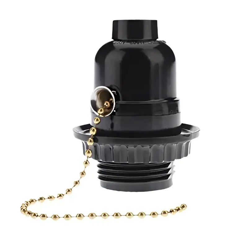 Black ridged bakelite e27 bulb holder with switch featuring black metal lamp shade pull chain and brass-colored toggle