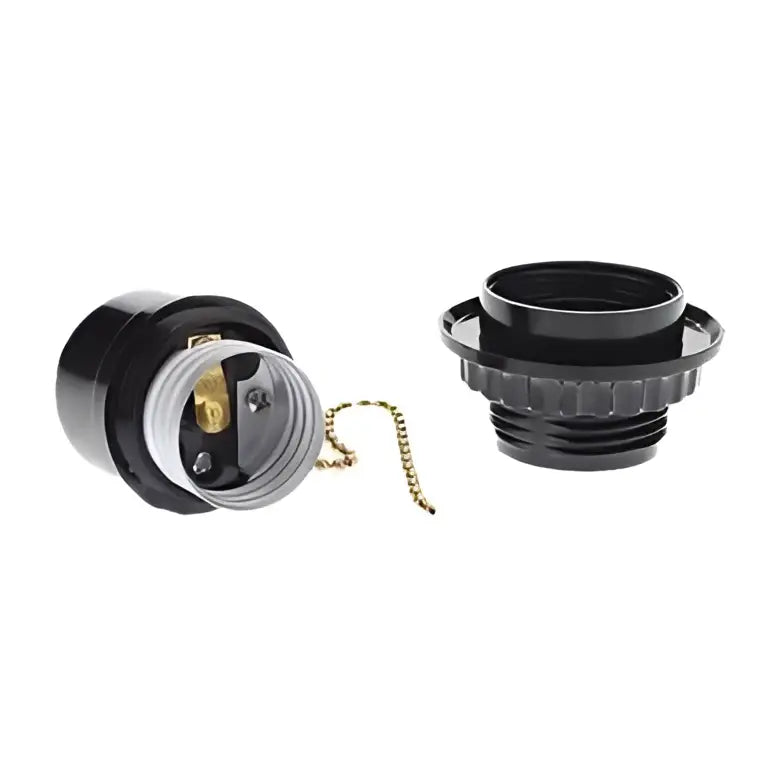 Black ridged bakelite e27 bulb holder with brass contacts and matching chain for bedroom light socket with switch