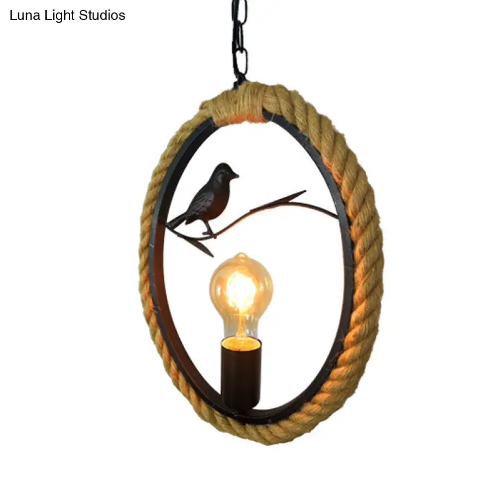 Black Rope Pendant Light Fixture for Living Room with Bird Deco: Round/Rhombus/Square Design